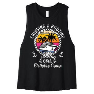 WoM.e.ns Funny Cruise Ship Cruising and Boozing 60th Birthday Cruise V-Neck Women's Racerback Cropped Tank