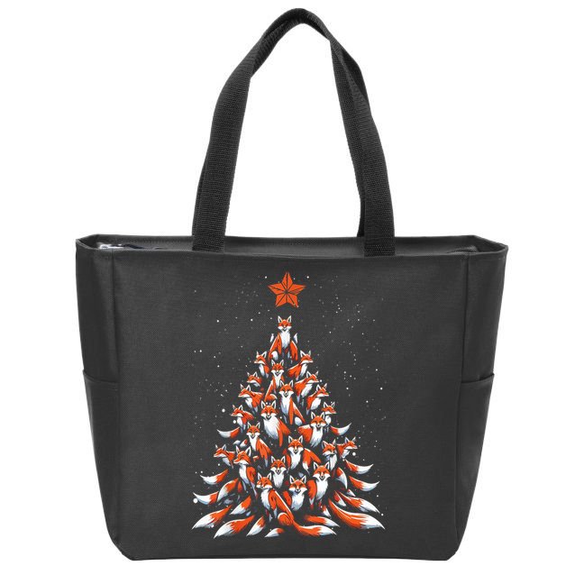 Women Fox Christmas Tree Fox Xmas Tree Gift Zip Tote Bag