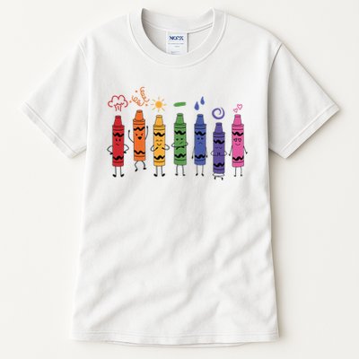 Womens Fashionable Crayon Mood Color Crayons Teacher Life Tall T-Shirt