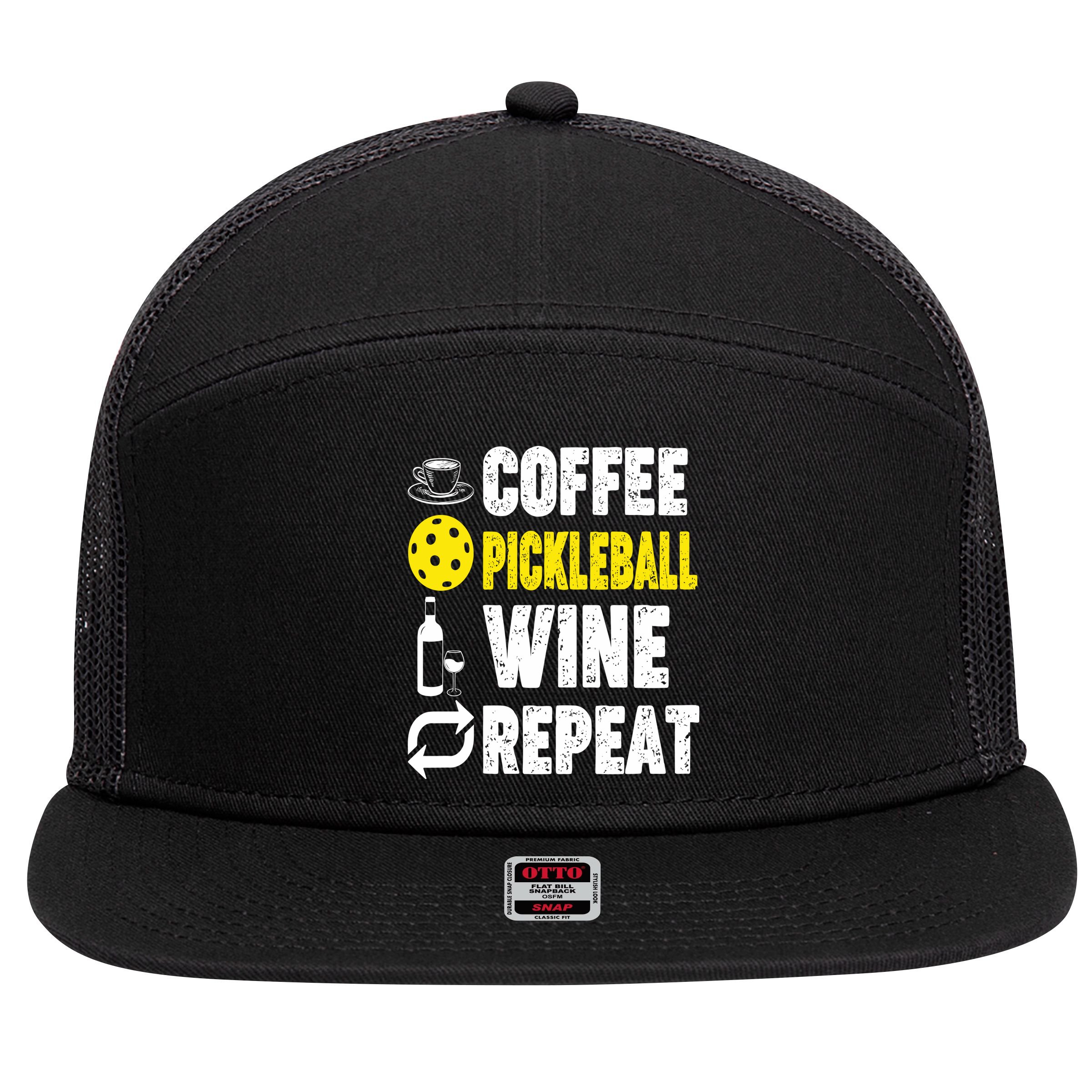  Funny Coffee Pickleball Wine Repeat Gift 7 Panel Mesh Trucker Snapback Hat