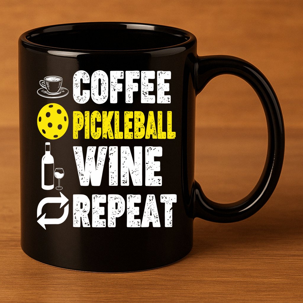  Funny Coffee Pickleball Wine Repeat Gift 11oz C Handle Ceramic Mug