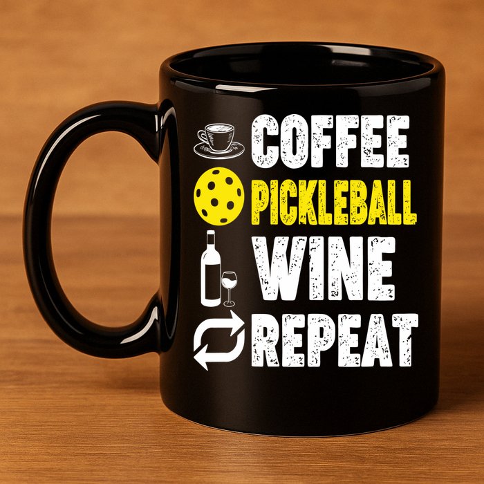  Funny Coffee Pickleball Wine Repeat Gift 11oz C Handle Ceramic Mug