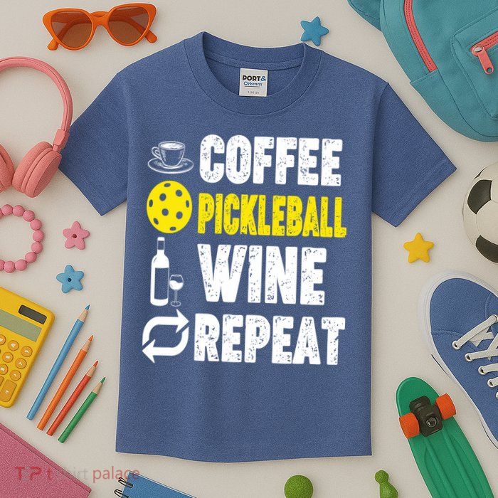  Funny Coffee Pickleball Wine Repeat Gift Kids T-Shirt