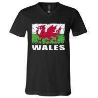 Wales Flag Design Grunge Country Flag Wales V-Neck T-Shirt