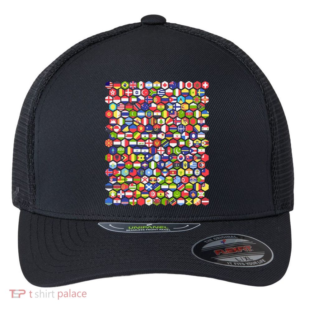 World Flags Flags Of The World Nations Flags Flexfit Unipanel Trucker Cap