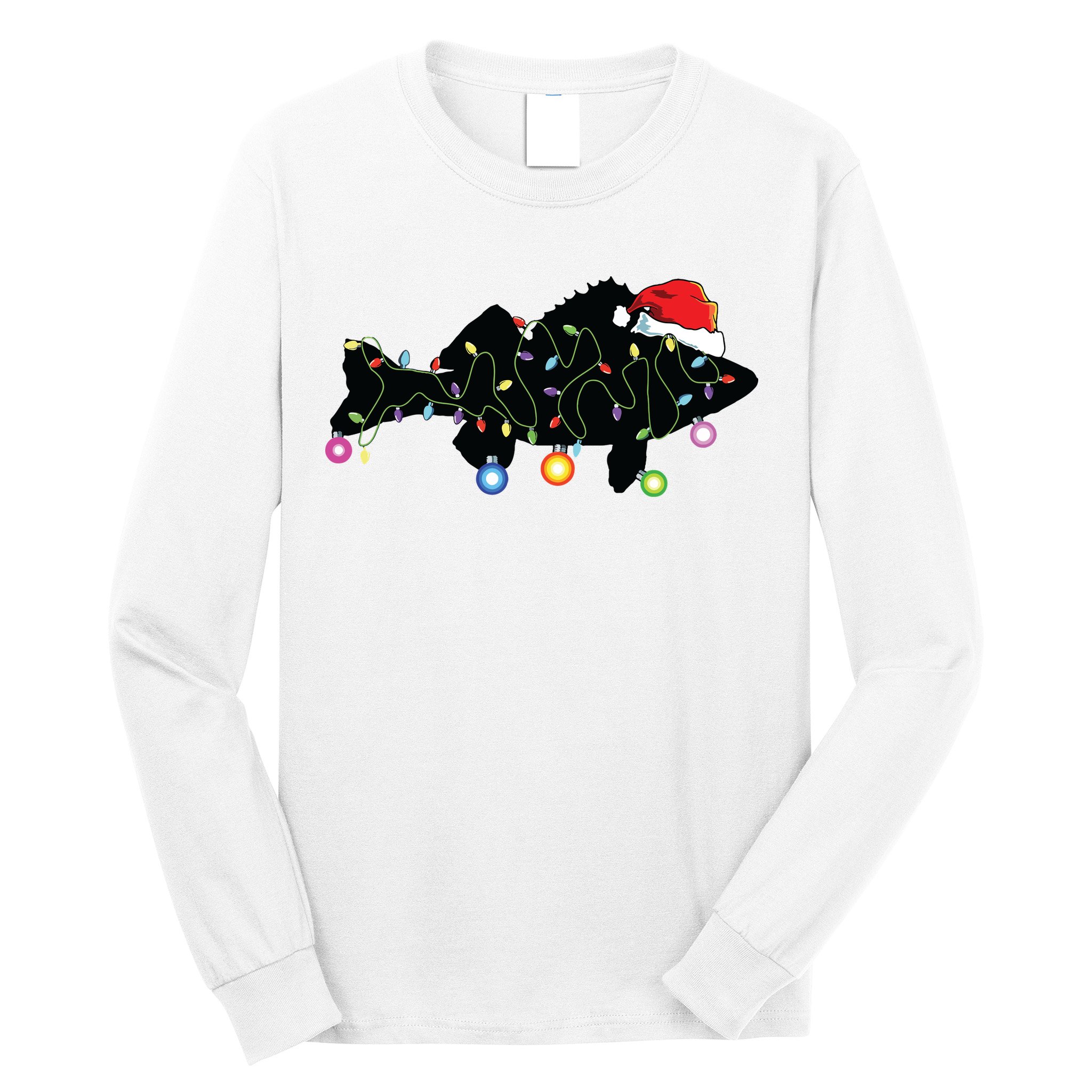 Walleye Fishing Funny Christmas Lights Fish Santa Hat Gift Long Sleeve Shirt