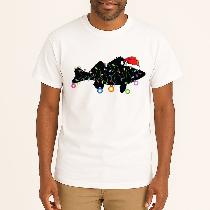 Walleye Fishing Funny Christmas Lights Fish Santa Hat Gift Tall T-Shirt