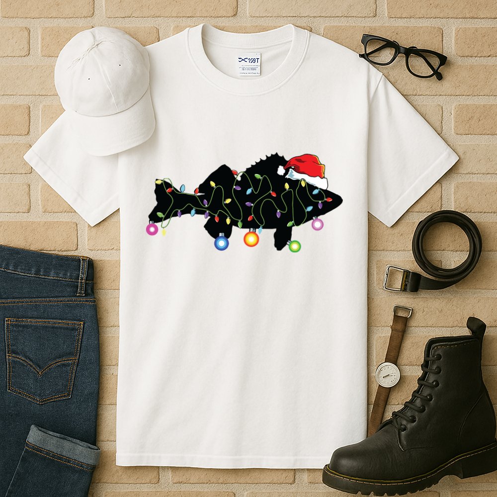 Walleye Fishing Funny Christmas Lights Fish Santa Hat Gift Tall T-Shirt