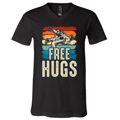 Wrestling Funny Free Hugs Wrestling V-Neck T-Shirt