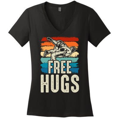 Wrestling Funny Free Hugs Wrestling Women's V-Neck T-Shirt