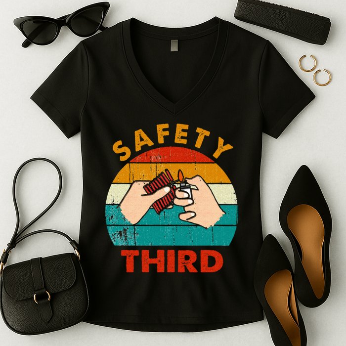 Warning Fireworks Firecrackers Safety Third 4th Of July Women's V-Neck T-Shirt