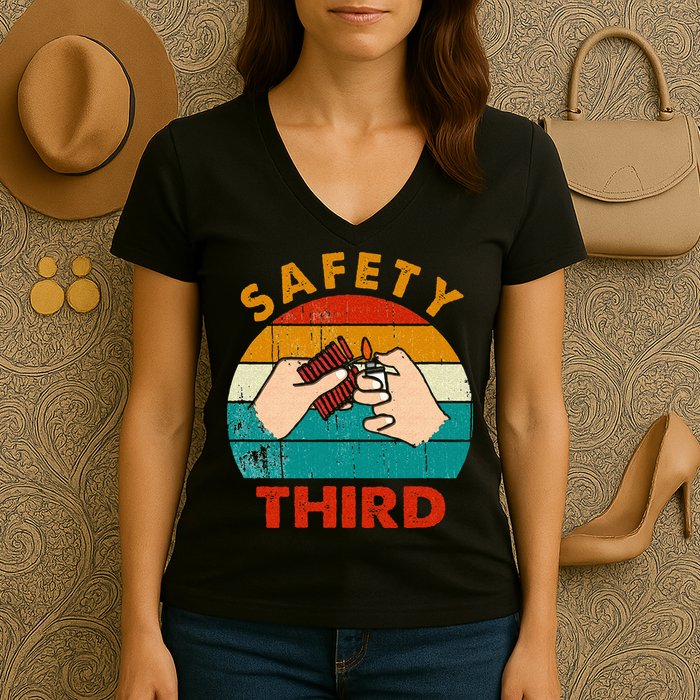 Warning Fireworks Firecrackers Safety Third 4th Of July Women's V-Neck T-Shirt