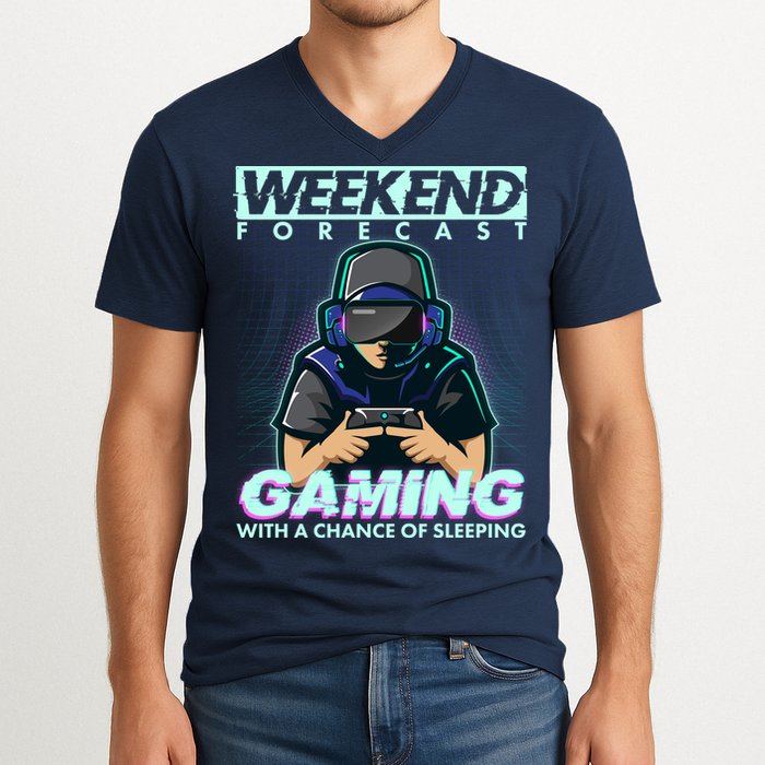 Weekend Forecast Gaming With A Chance Of Sleeping V-Neck T-Shirt