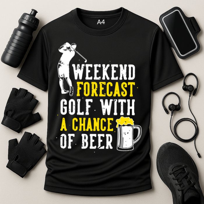 Weekend Forecast Golf With A Chance Of Beer Funny Golf Cooling Performance Crew T-Shirt