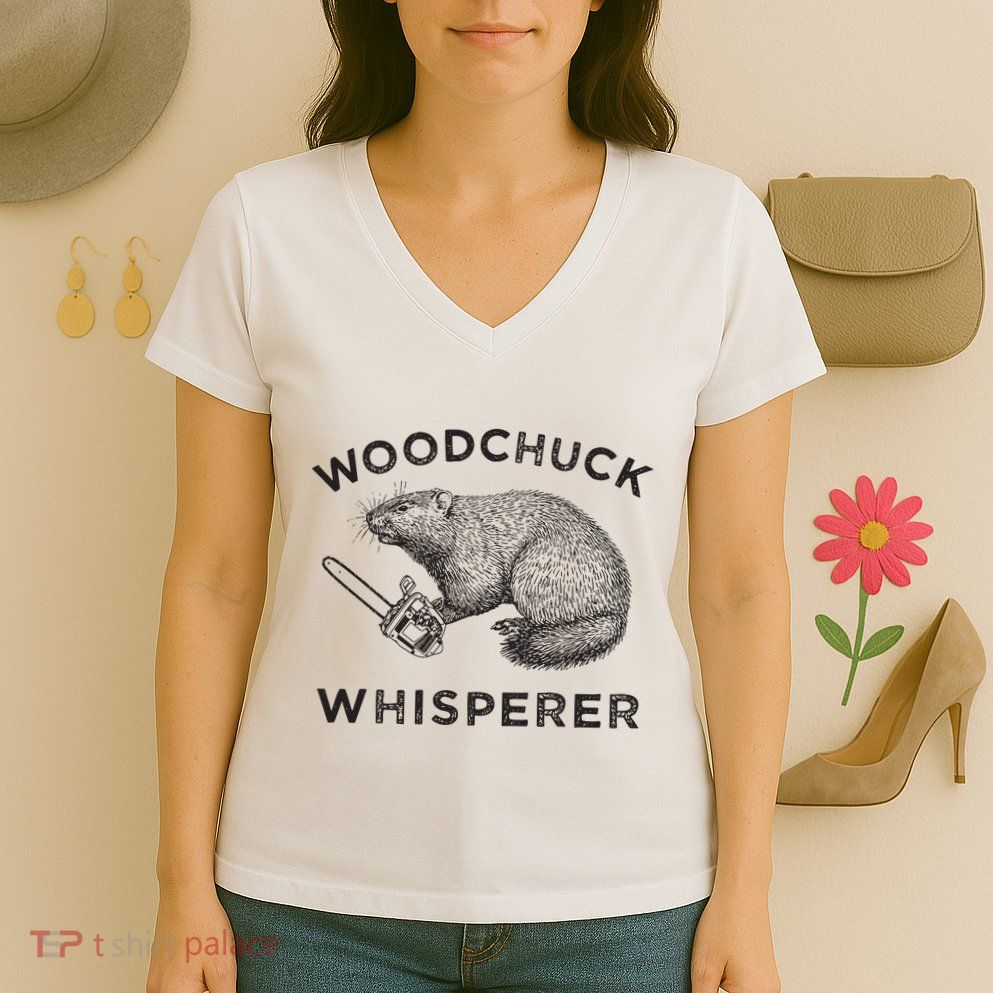 Woodchuck Funny Groundhog With Chainsaw Women's V-Neck T-Shirt