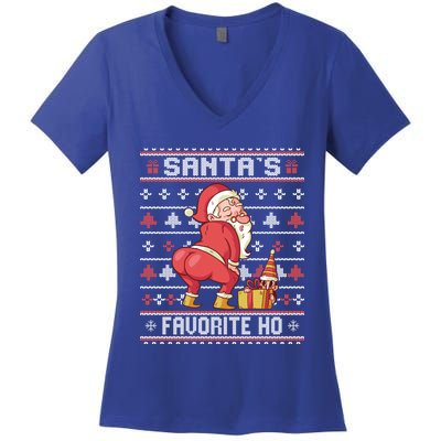 WSanta's Favorite Ho Gift Twerking Santa Offensive Ugly Sweater Gift Women's V-Neck T-Shirt