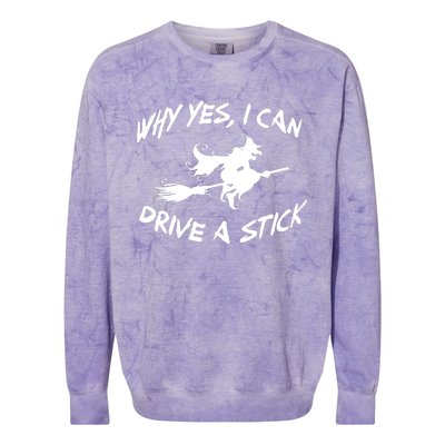 Womens Funny Halloween Shirt Why Yes I Can Drive A Stick VNeck Colorblast Crewneck Sweatshirt