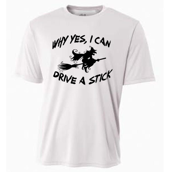 Womens Funny Halloween Shirt Why Yes I Can Drive A Stick VNeck Cooling Performance Crew T-Shirt