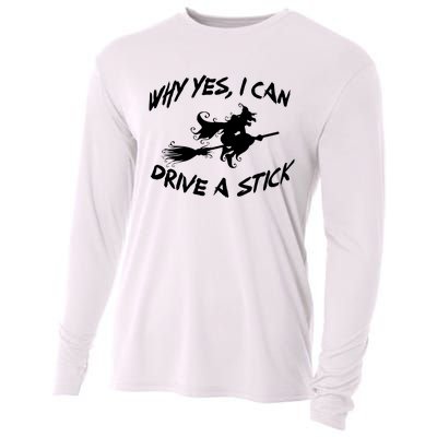 Womens Funny Halloween Shirt Why Yes I Can Drive A Stick VNeck Cooling Performance Long Sleeve Crew