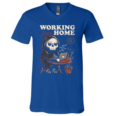 Working From Home Office Grim Reaper Skull Cute Halloween V-Neck T-Shirt