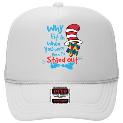 Why Fit In When You Was Born Autism Awareness Doctor Teacher Hat Cat Book High Crown Mesh Back Trucker Hat