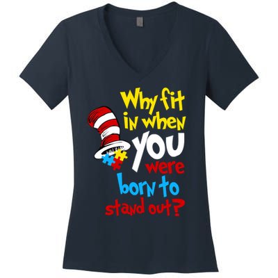 Why Fit In Doctor Teacher Cat In Hat Autism Awareness Women's V-Neck T-Shirt
