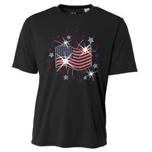 Wavy Flag Inside A Firework 4th Of July Bling Flag Usa Funny Cooling Performance Crew T-Shirt