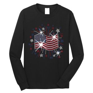 Wavy Flag Inside A Firework 4th Of July Bling Flag Usa Funny Long Sleeve Shirt