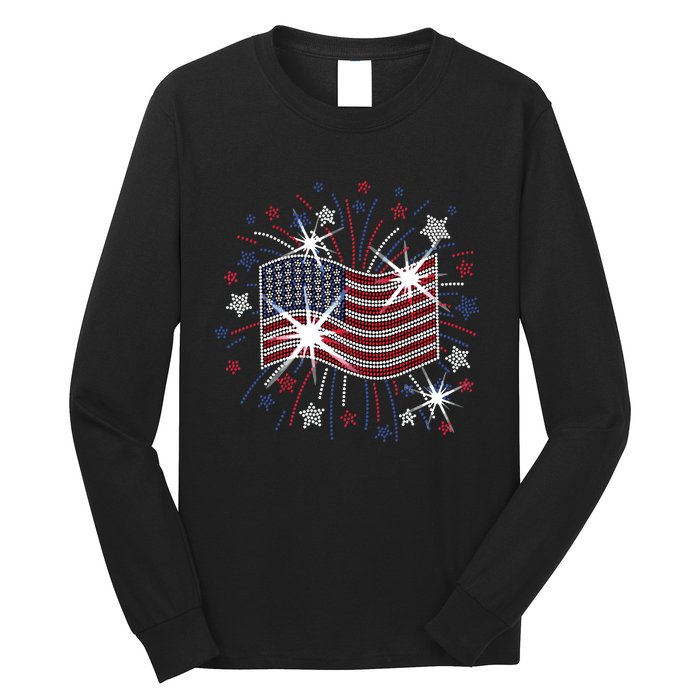 Wavy Flag Inside A Firework 4th Of July Bling Flag Usa Funny Long Sleeve Shirt