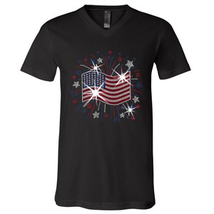 Wavy Flag Inside A Firework 4th Of July Bling Flag Usa Funny V-Neck T-Shirt