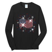 Wavy Flag Inside A Firework 4th Of July Bling Flag Usa Funny Tall Long Sleeve T-Shirt