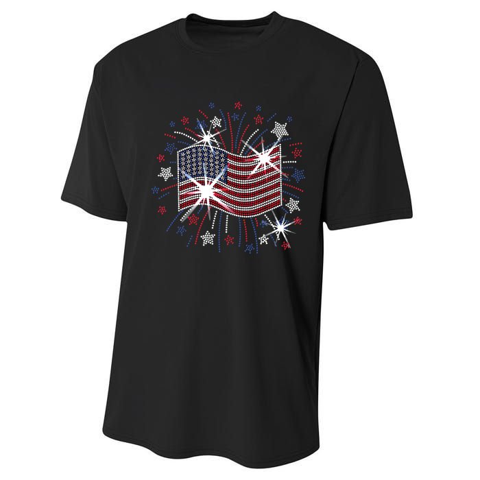 Wavy Flag Inside A Firework 4th Of July Bling Flag Usa Funny Performance Sprint T-Shirt