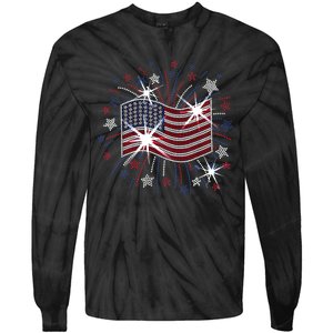 Wavy Flag Inside A Firework 4th Of July Bling Flag Usa Funny Tie-Dye Long Sleeve Shirt