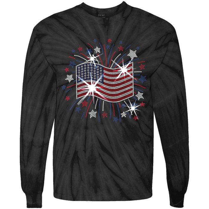 Wavy Flag Inside A Firework 4th Of July Bling Flag Usa Funny Tie-Dye Long Sleeve Shirt