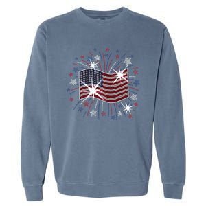 Wavy Flag Inside A Firework 4th Of July Bling Flag Usa Funny Garment-Dyed Sweatshirt