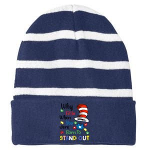 Why Fit In When You Were Born To Stand Out Autism Awareness Cat In Hat Puzzle Striped Beanie with Solid Band