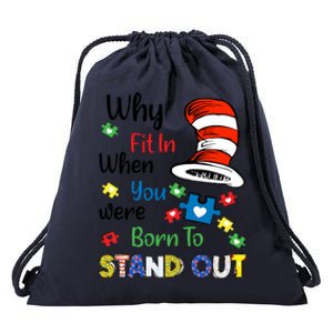 Why Fit In When You Were Born To Stand Out Autism Awareness Cat In Hat Puzzle Drawstring Bag