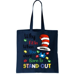 Why Fit In When You Were Born To Stand Out Autism Awareness Cat In Hat Puzzle Tote Bag