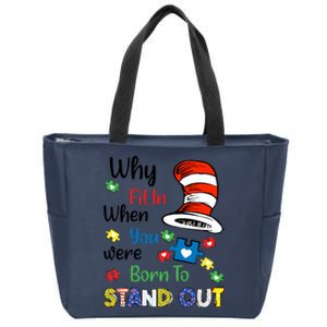 Why Fit In When You Were Born To Stand Out Autism Awareness Cat In Hat Puzzle Zip Tote Bag