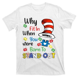 Why Fit In When You Were Born To Stand Out Autism Awareness Cat In Hat Puzzle T-Shirt