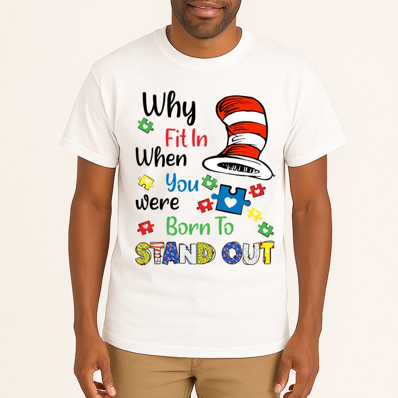 Why Fit In When You Were Born To Stand Out Autism Awareness Cat In Hat Puzzle Tall T-Shirt