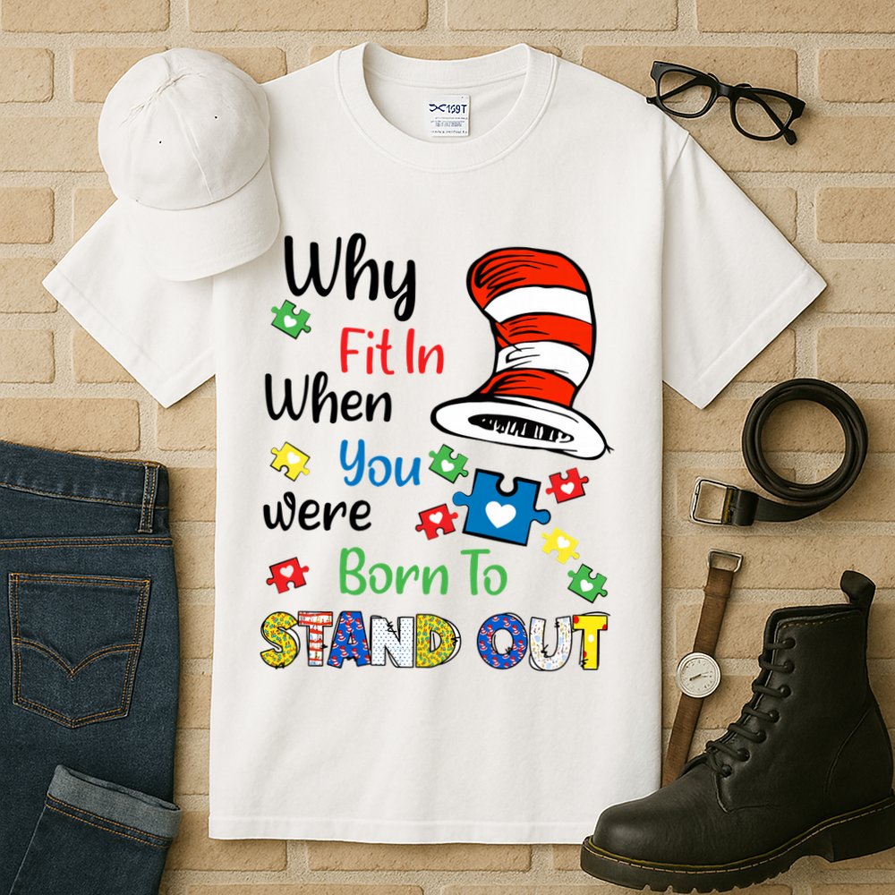 Why Fit In When You Were Born To Stand Out Autism Awareness Cat In Hat Puzzle Tall T-Shirt
