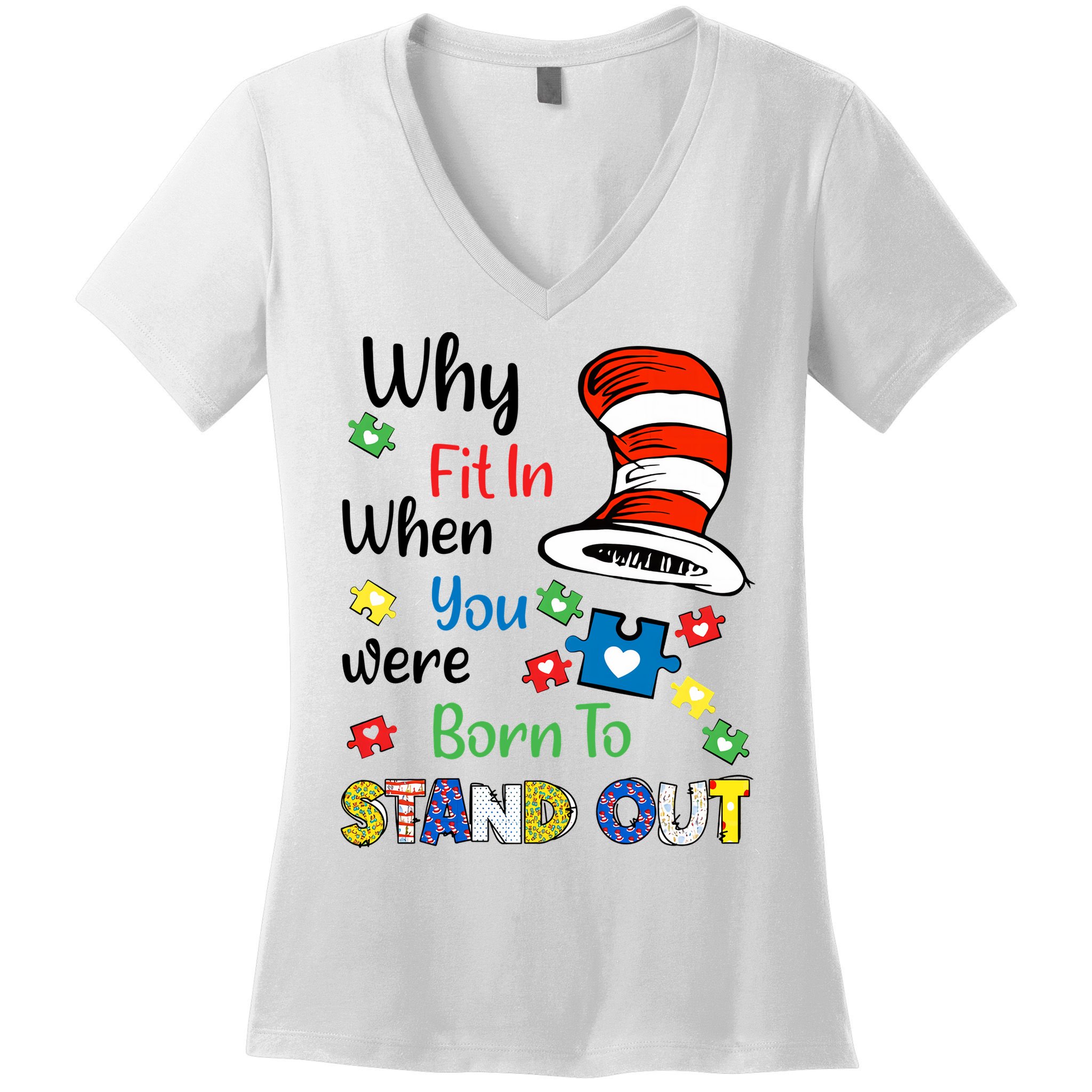 Why Fit In When You Were Born To Stand Out Autism Awareness Cat In Hat Puzzle Women's V-Neck T-Shirt