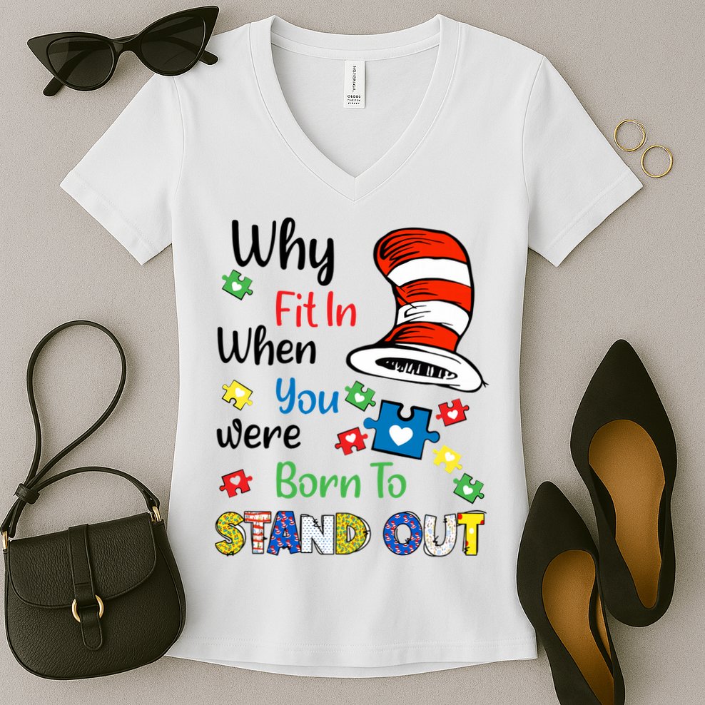 Why Fit In When You Were Born To Stand Out Autism Awareness Cat In Hat Puzzle Women's V-Neck T-Shirt