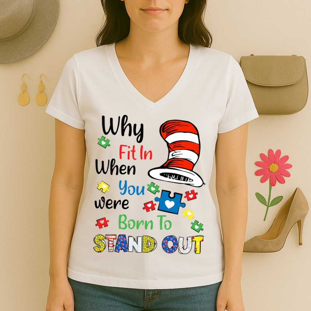Why Fit In When You Were Born To Stand Out Autism Awareness Cat In Hat Puzzle Women's V-Neck T-Shirt