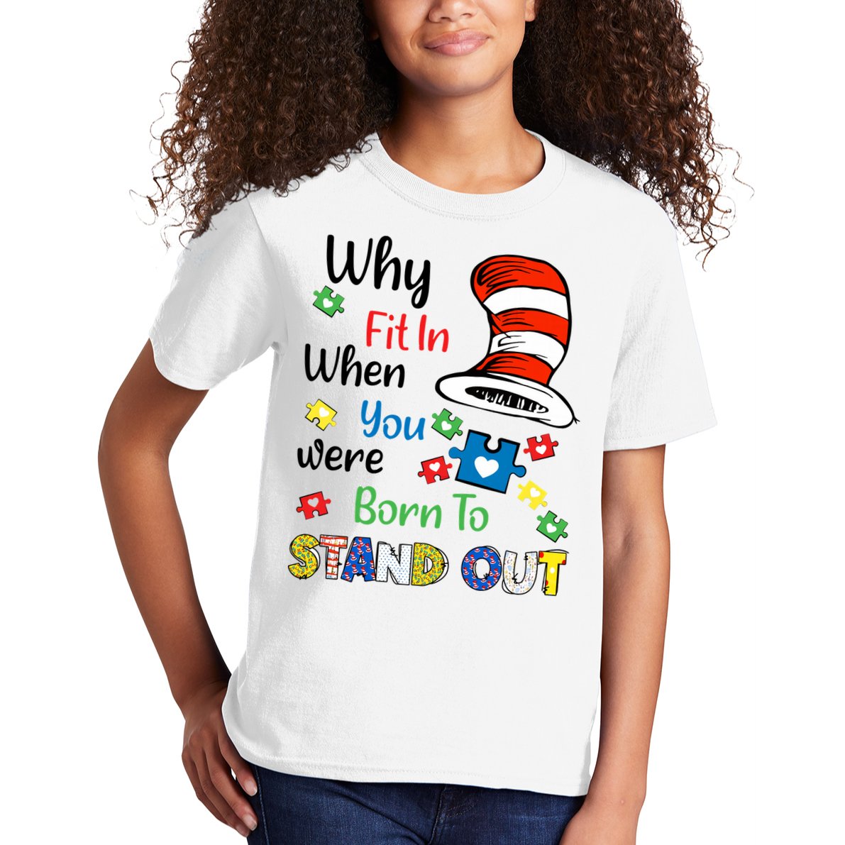 Why Fit In When You Were Born To Stand Out Autism Awareness Cat In Hat Puzzle Kids T-Shirt