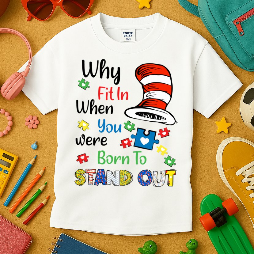 Why Fit In When You Were Born To Stand Out Autism Awareness Cat In Hat Puzzle Kids T-Shirt