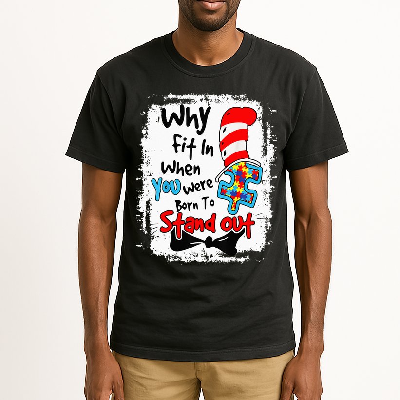 Why Fit In Autism Awareness Doctor Teacher Hat Cat Book Tall T-Shirt