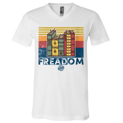Womens Freadom I Read Banned Books Vintage Funny Bookworm Reader V-Neck T-Shirt