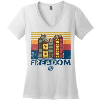 Womens Freadom I Read Banned Books Vintage Funny Bookworm Reader Women's V-Neck T-Shirt